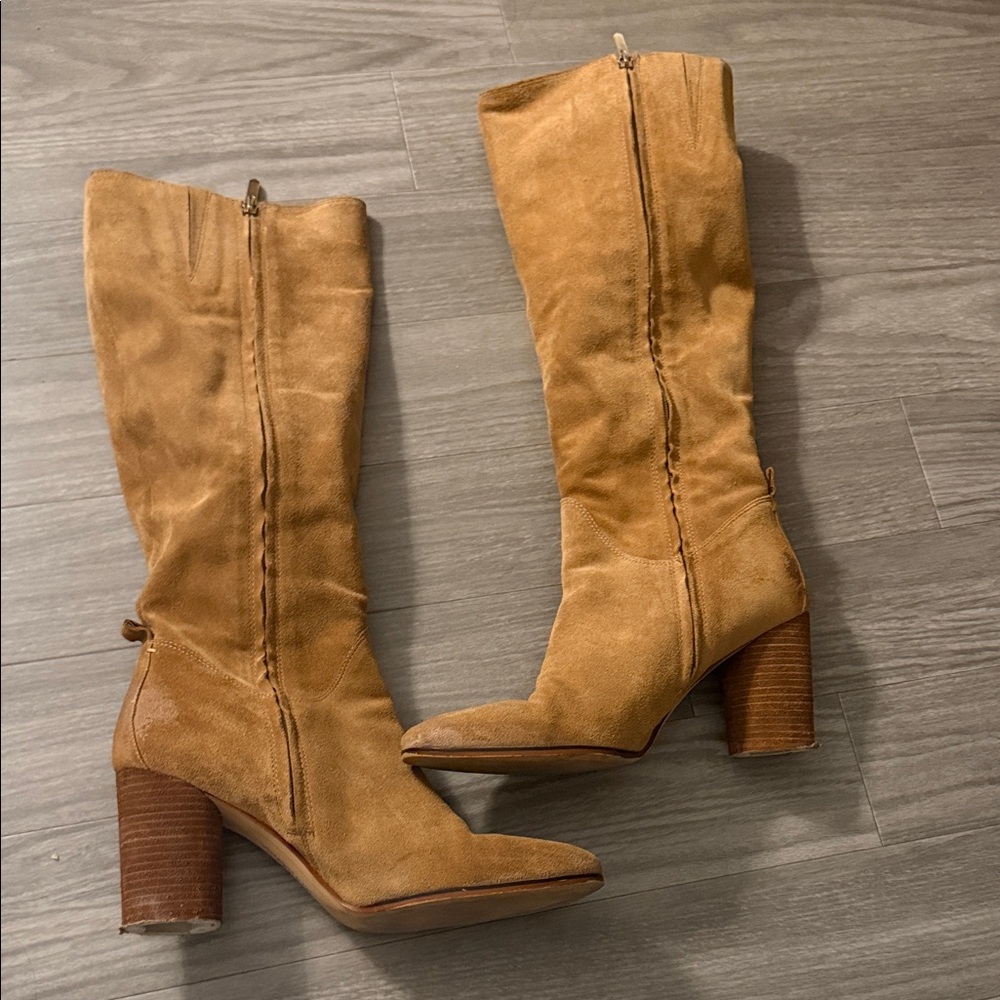 Sam Edelman Knee-High Suede Block Heel Boots in Tan